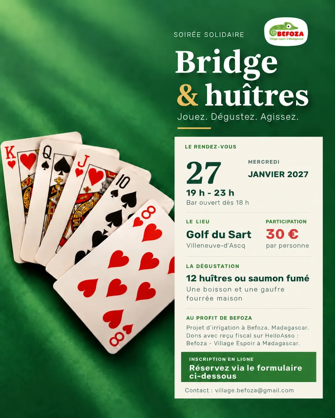Affiche de la soirée bridge et huîtres du 27 janvier 2027 au Golf du Sart, au profit de l'association Befoza