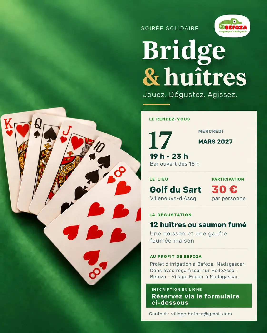 Affiche de la soirée bridge et huîtres du 17 mars 2027 au Golf du Sart, au profit de l'association Befoza
