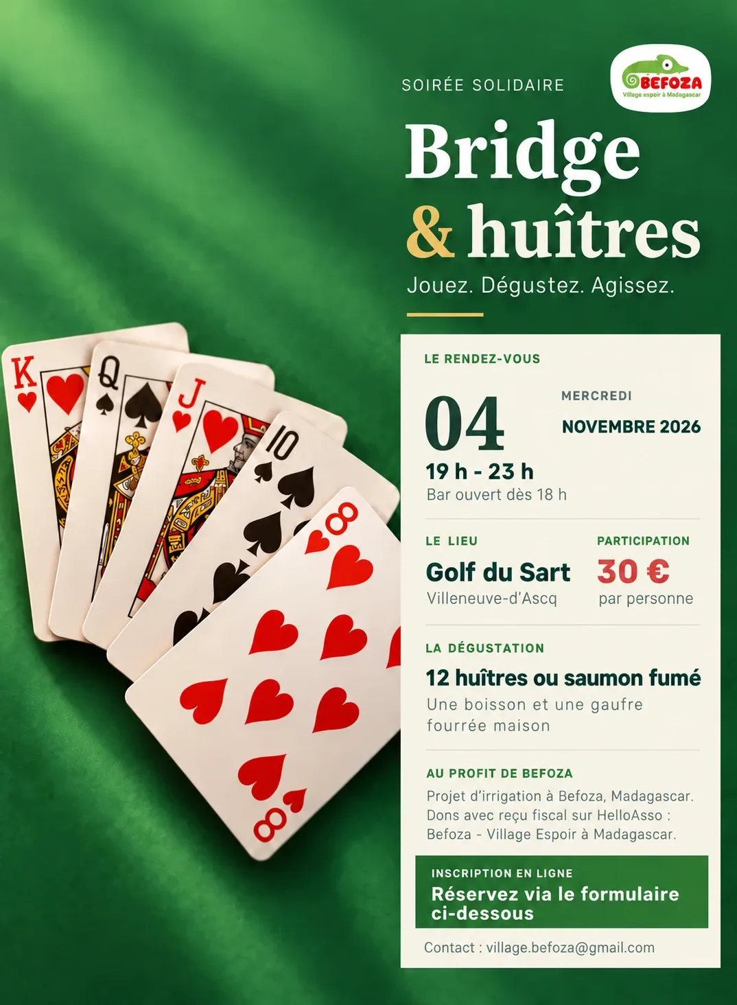Affiche de la soirée bridge et huîtres du 4 novembre 2026 au Golf du Sart, au profit de l'association Befoza