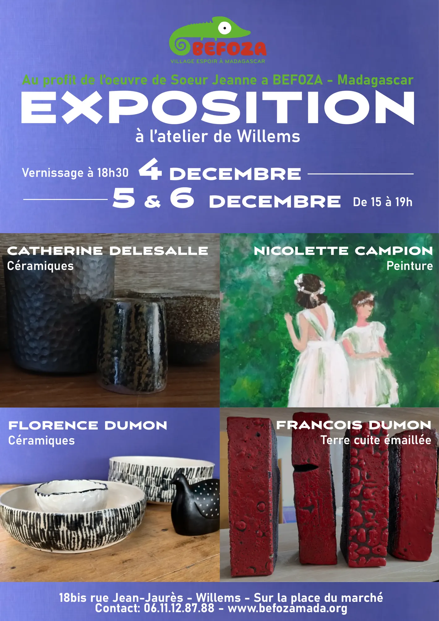 Affiche de l'exposition des 4, 5 et 6 décembre 2026 à l'atelier de Willems, au profit de l'association Befoza
