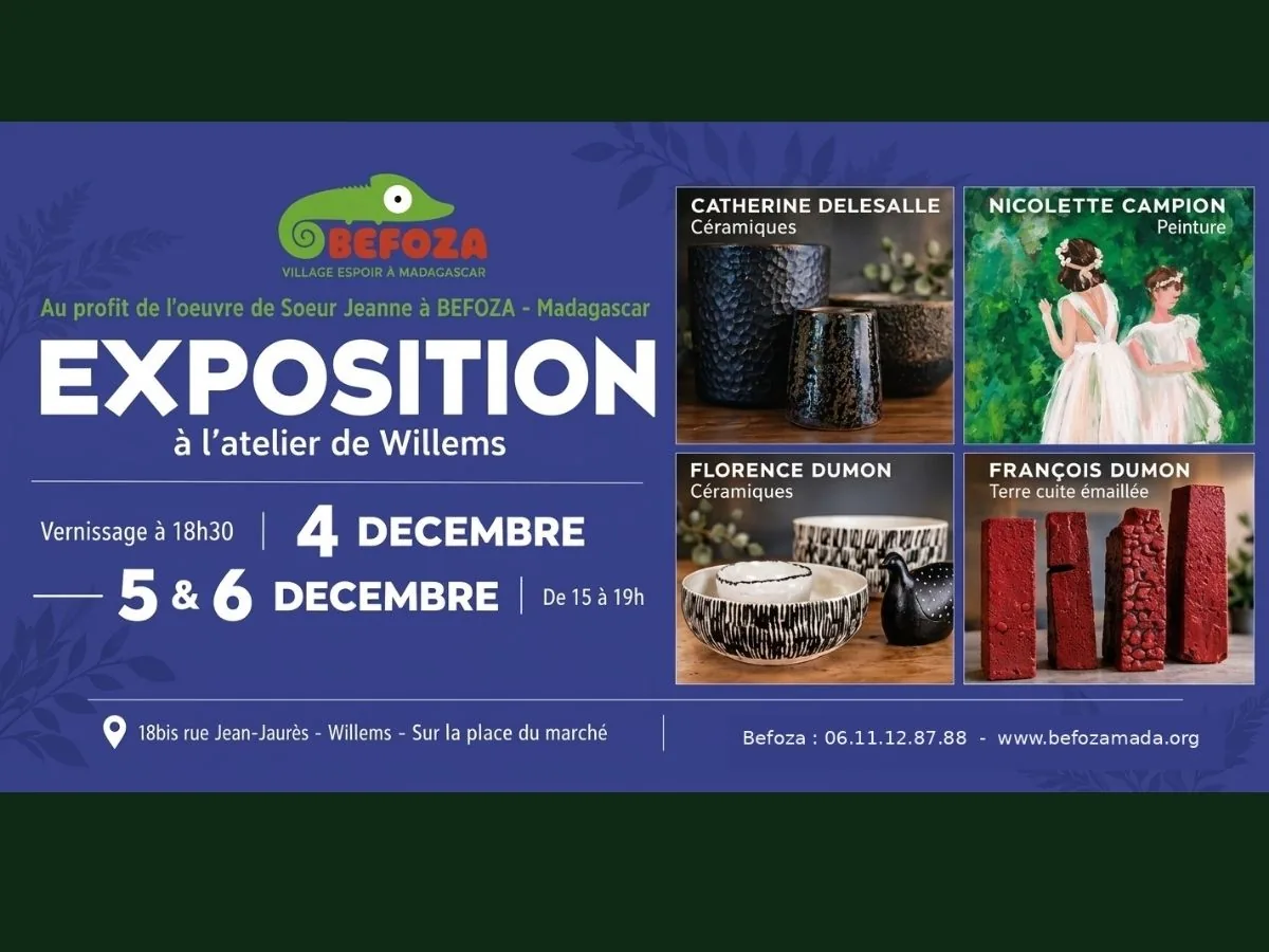 Exposition solidaire des 4, 5 et 6 décembre 2026 à l'atelier de Willems, au profit de Befoza