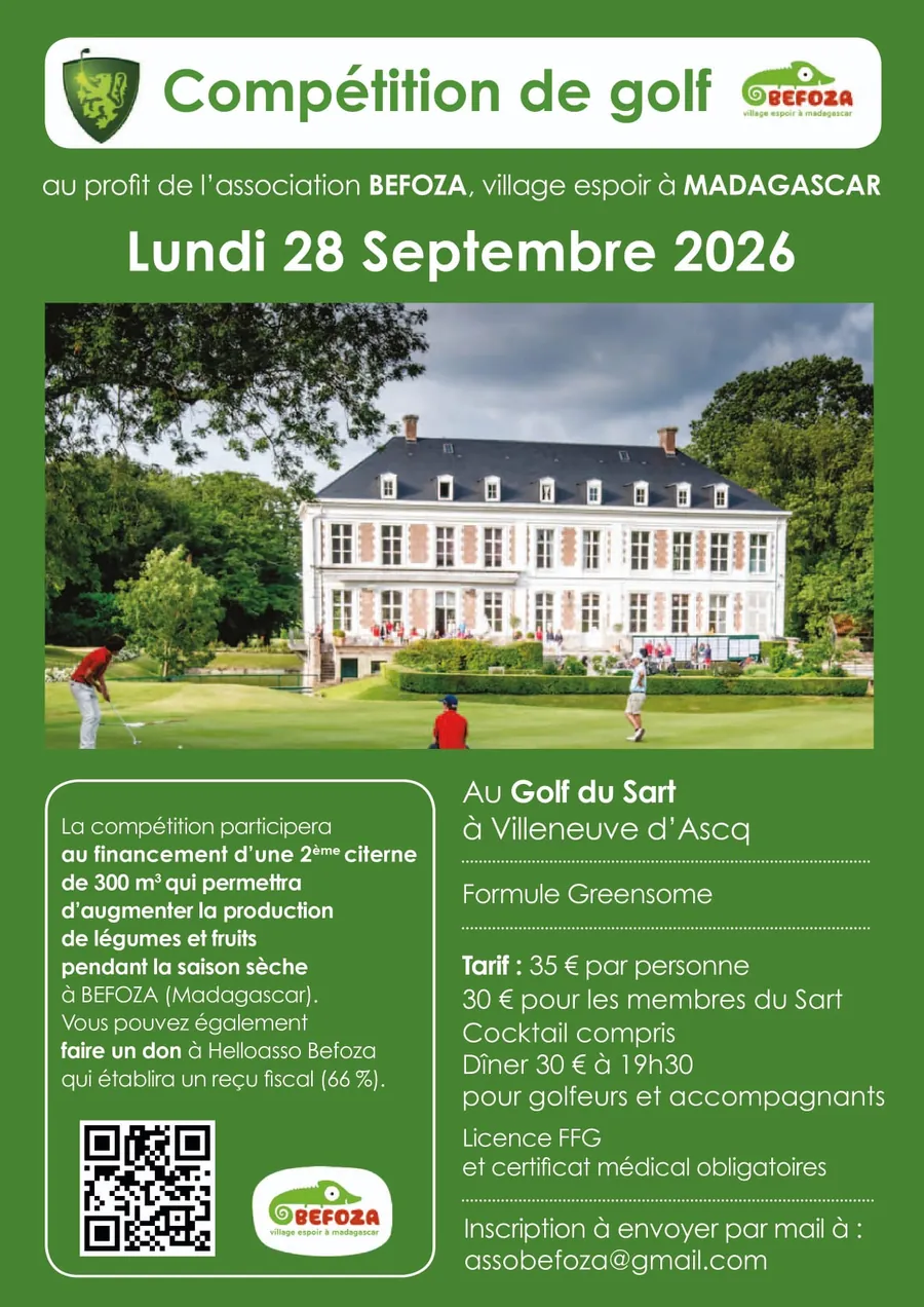 Affiche de la compétition de golf du 28 septembre 2026 au Golf du Sart, au profit de l'association Befoza