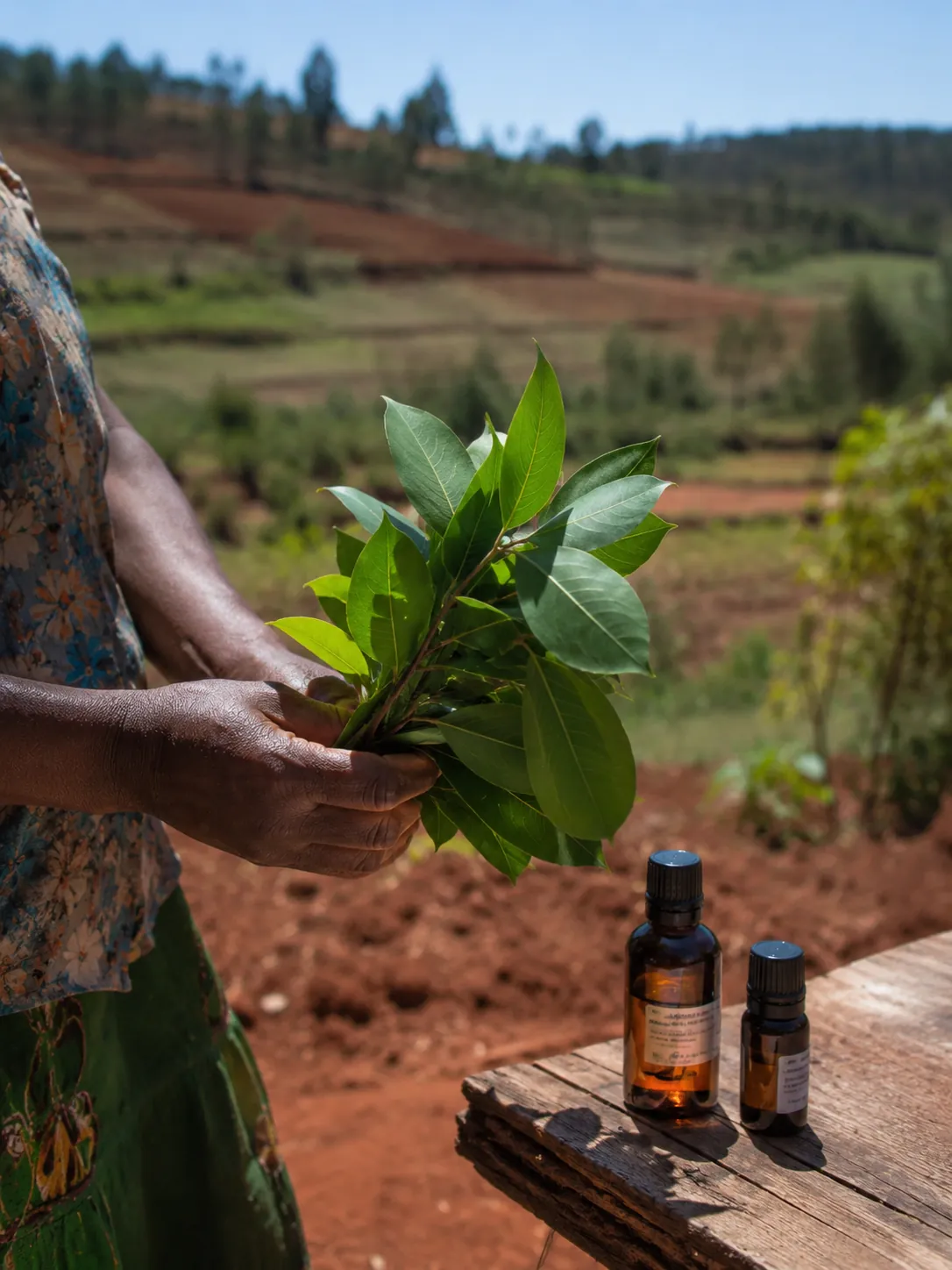 Une cultivatrice de Befoza tient une brassée de feuilles de Ravintsara à côté des flacons d'huile essentielle, face aux collines de Madagascar